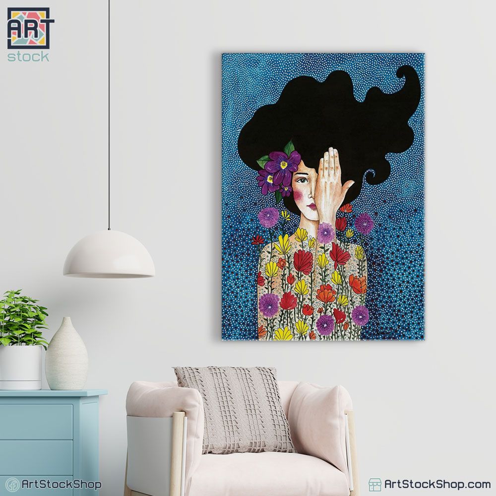 تابلوه مودرن وجه بنت و زهور لديكور الحائط
